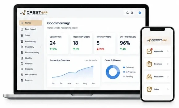 CREST ERP dashboard on a laptop and its mobile app on a phone